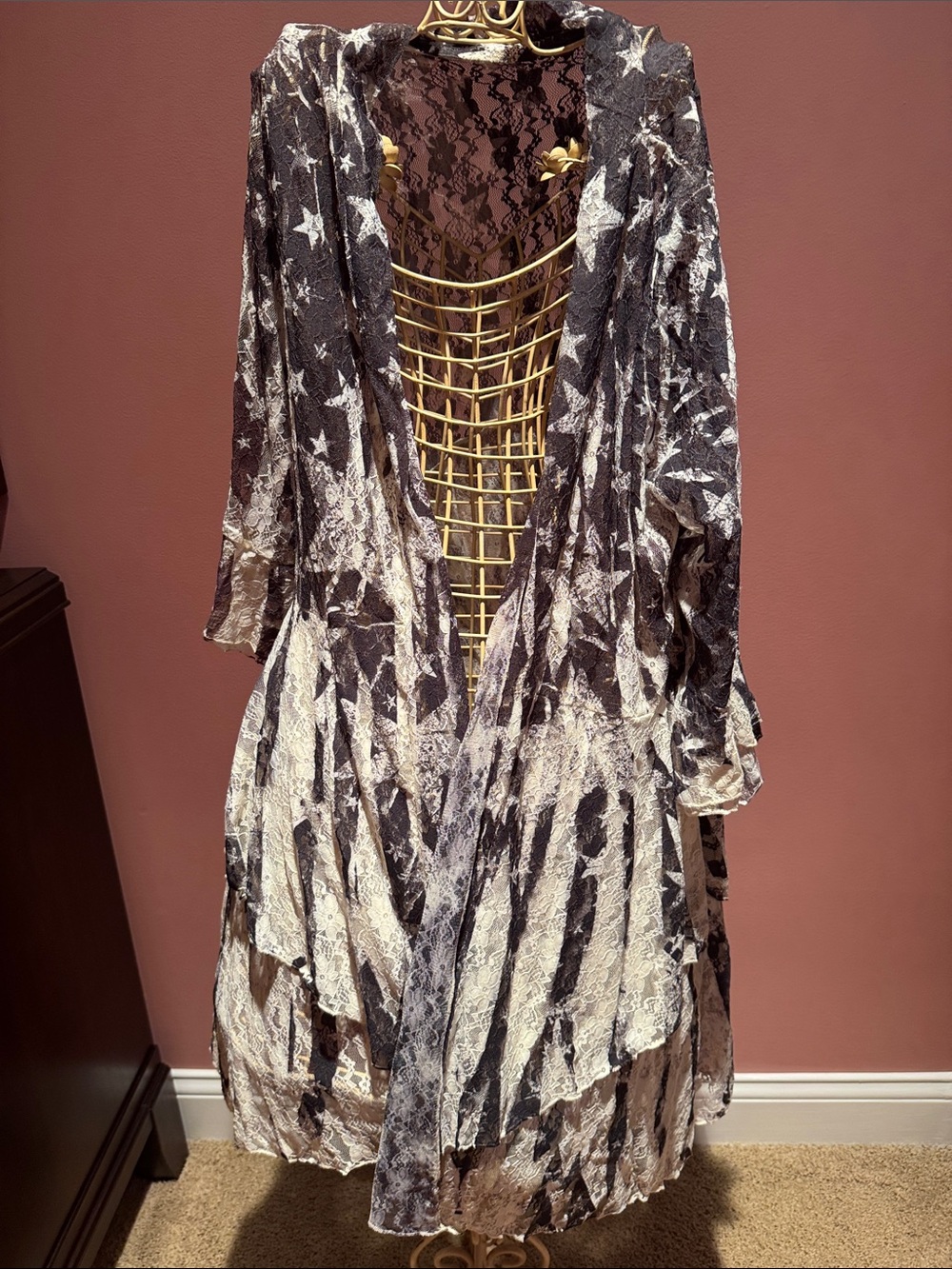 Origami Cardigan Lace Western Star Duster - Black & Cream Tie Die - Size S/M